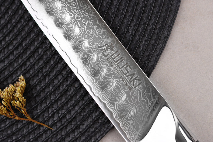 Couteau à découper Wusaki Sakin Damas 10Cr 25cm manche en fibre de carbone et feuille d'or