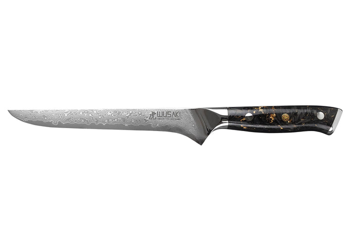 Couteau à désosser Wusaki Sakin Damas 10Cr 15cm manche en fibre de carbone et feuille d'or