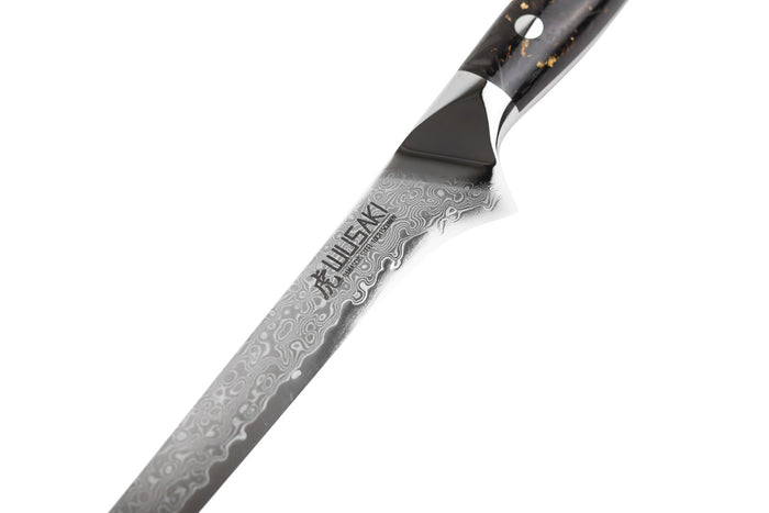 Couteau à désosser Wusaki Sakin Damas 10Cr 15cm manche en fibre de carbone et feuille d'or
