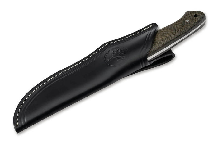 Couteau Böker Arbolito Hunter 02BA351M lame en acier 12cm manche en micarta vert + étui en cuir noir