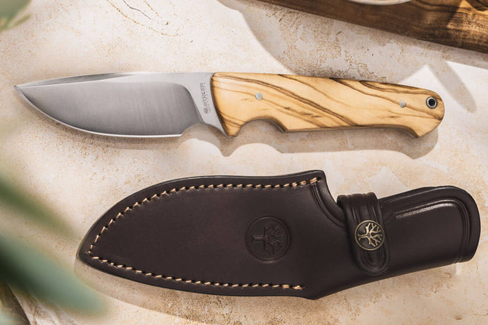 Couteau Böker Arbolito Vultur 02BA415 lame en acier 9,8cm manche en bois d'olivier + étui en cuir