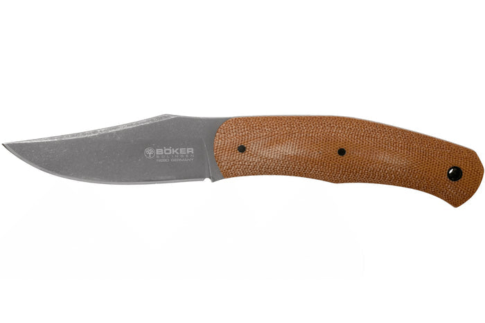 Couteau Böker Boxer Fixed 120503 lame en acier 8,4cm manche en micarta marron + étui en cuir
