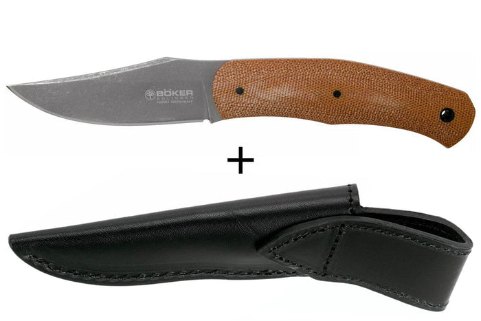 Couteau Böker Boxer Fixed 120503 lame en acier 8,4cm manche en micarta marron + étui en cuir