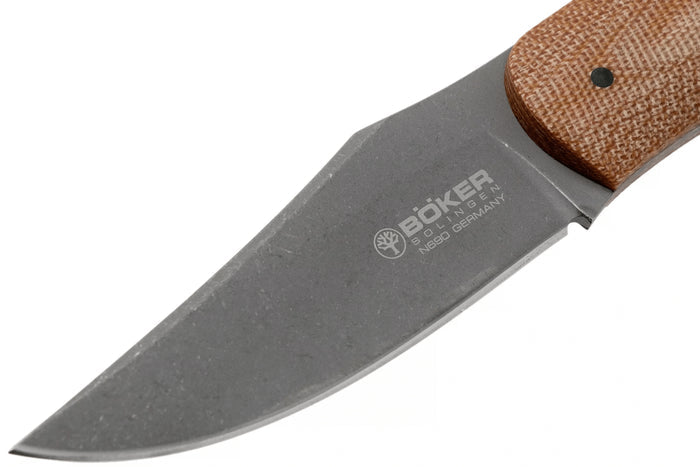 Couteau Böker Boxer Fixed 120503 lame en acier 8,4cm manche en micarta marron + étui en cuir