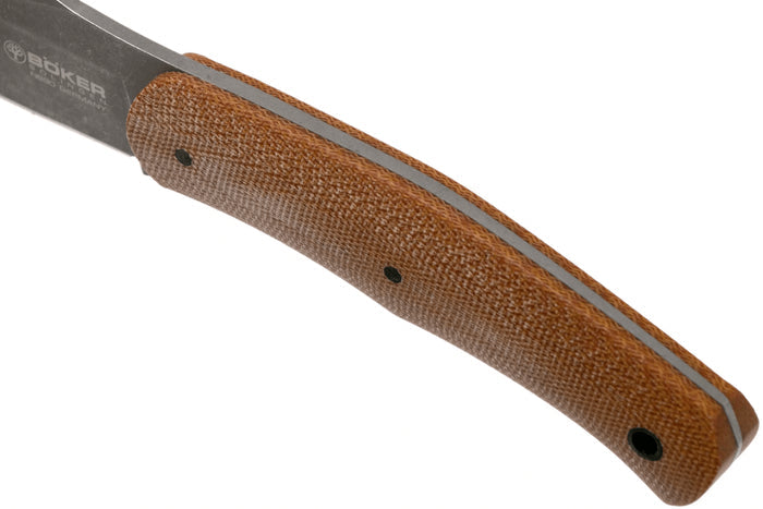 Couteau Böker Boxer Fixed 120503 lame en acier 8,4cm manche en micarta marron + étui en cuir