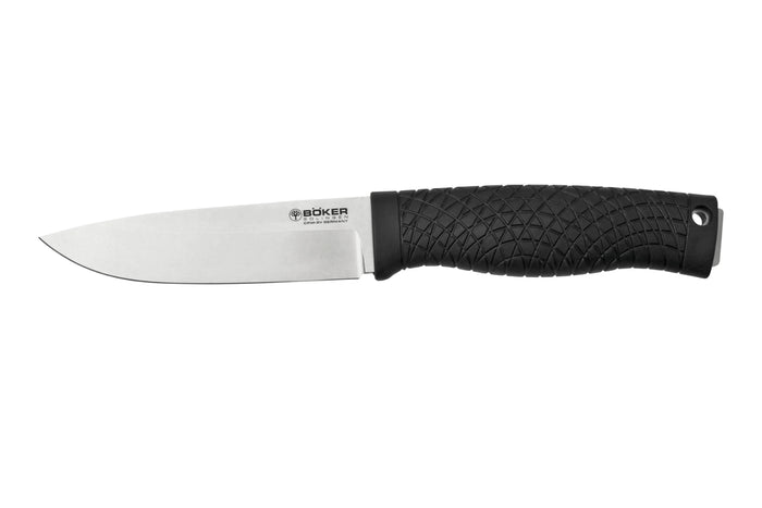 Couteau Böker Bronco 121504 lame en acier 11,3cm manche en TPE noir + étui en cuir avec allume-feu
