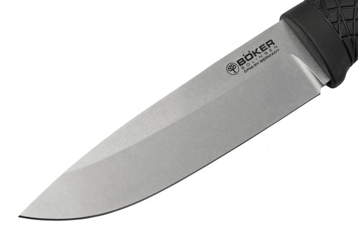 Couteau Böker Bronco 121504 lame en acier 11,3cm manche en TPE noir + étui en cuir avec allume-feu