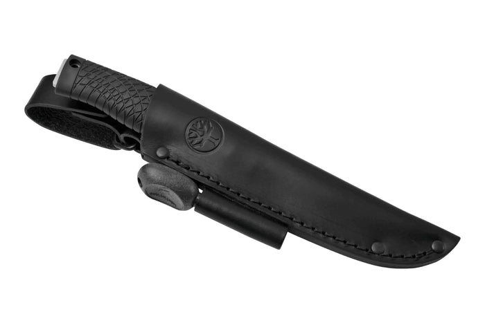 Couteau Böker Bronco 121504 lame en acier 11,3cm manche en TPE noir + étui en cuir avec allume-feu