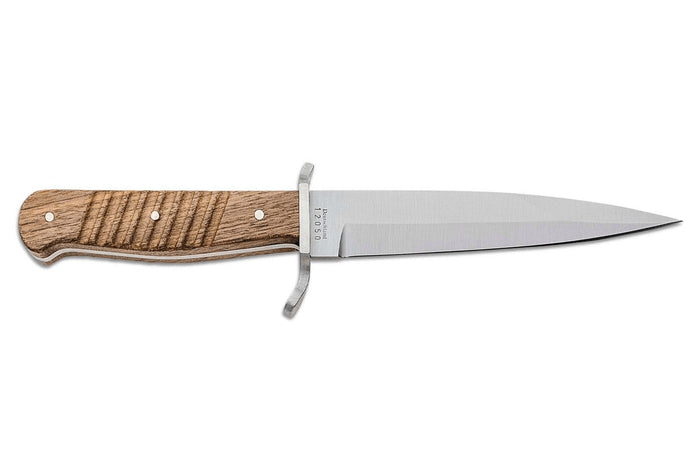 Couteau Böker Trench Knife 121918 lame en acier carbone 14,4cm manche en noyer + étui en cuir