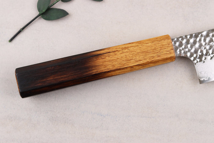 Couteau bunka 15cm japonais artisanal Wusaki Yaketa VG10 damas chêne brûlé