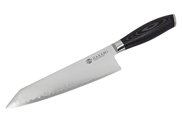Couteau bunka 20cm Hakami Ajisai lame San Maï manche pakkawood noir et gris