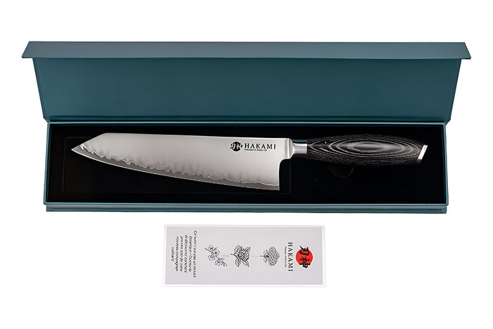 Couteau bunka 20cm Hakami Ajisai lame San Maï manche pakkawood noir et gris