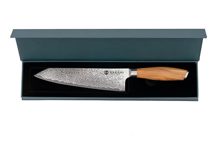 Couteau bunka 20cm Hakami Tsubaki lame damas manche en olivier