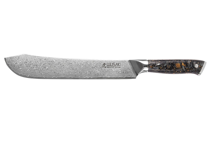Couteau de boucher Wusaki Sakin Damas 10Cr 22cm manche en fibre de carbone et feuille d'or