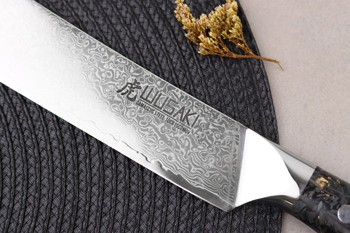 Couteau de boucher Wusaki Sakin Damas 10Cr 22cm manche en fibre de carbone et feuille d'or