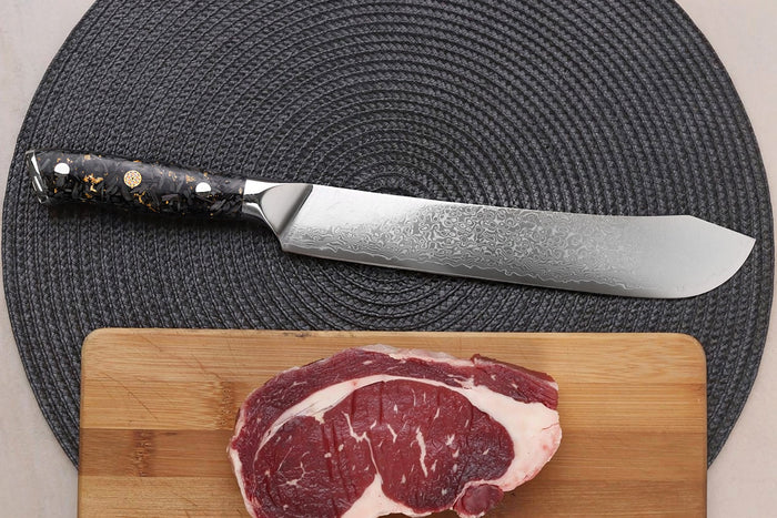 Couteau de boucher Wusaki Sakin Damas 10Cr 22cm manche en fibre de carbone et feuille d'or