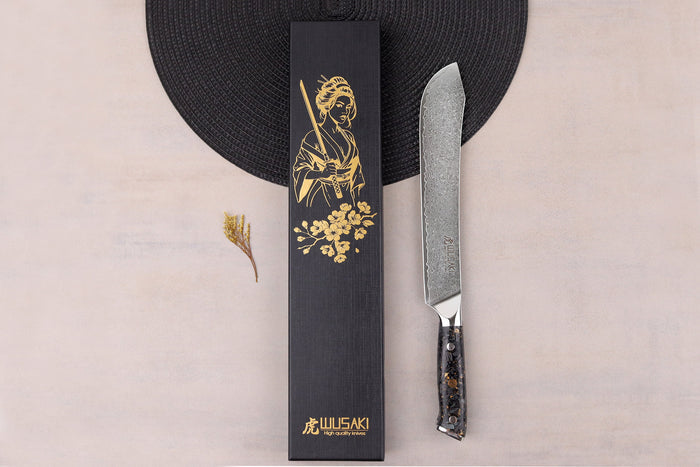 Couteau de boucher Wusaki Sakin Damas 10Cr 22cm manche en fibre de carbone et feuille d'or