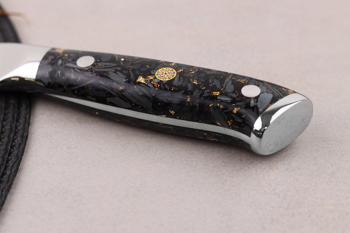 Couteau de boucher Wusaki Sakin Damas 10Cr 22cm manche en fibre de carbone et feuille d'or