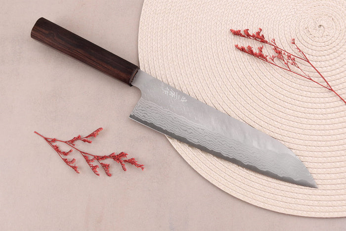 Couteau de chef 20cm japonais artisanal Nigara Hamono Tsuchime VG10 damas