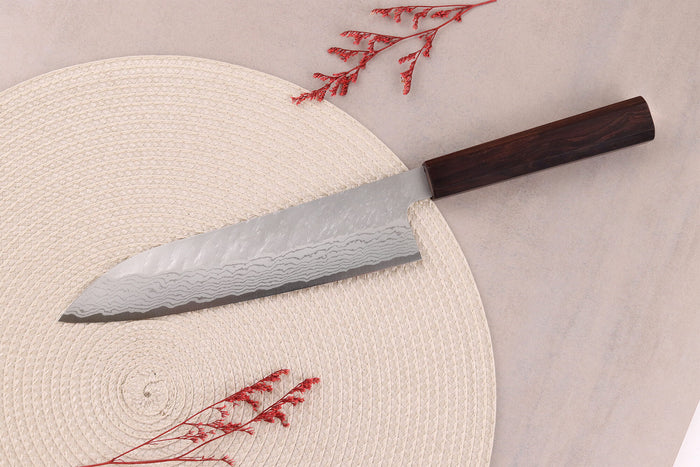Couteau de chef 20cm japonais artisanal Nigara Hamono Tsuchime VG10 damas