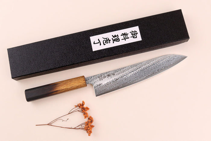 Couteau de chef 21cm japonais artisanal Wusaki Nawame AUS10 damas