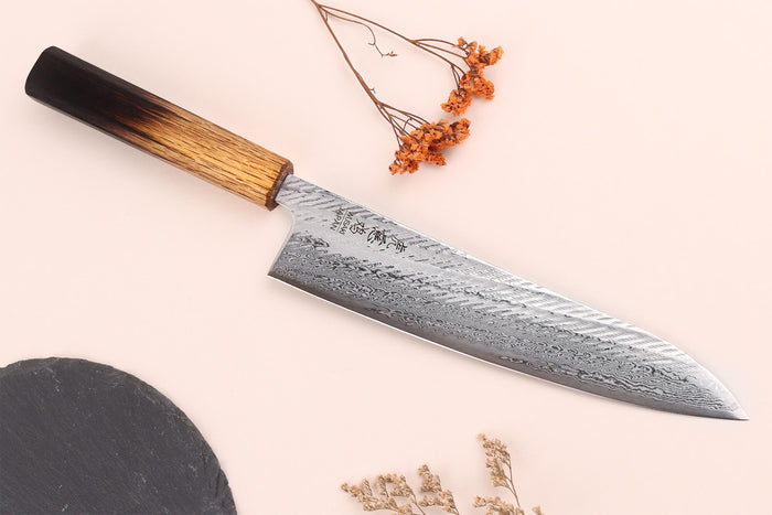 Couteau de chef 21cm japonais artisanal Wusaki Nawame AUS10 damas