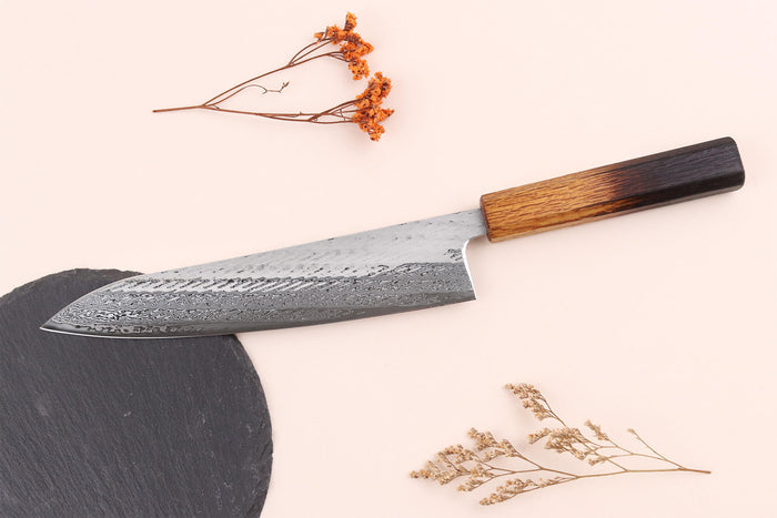 Couteau de chef 21cm japonais artisanal Wusaki Nawame AUS10 damas