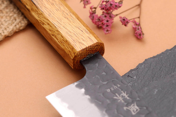 Couteau de chef 21cm japonais artisanal Yuzo Black AS chêne brûlé