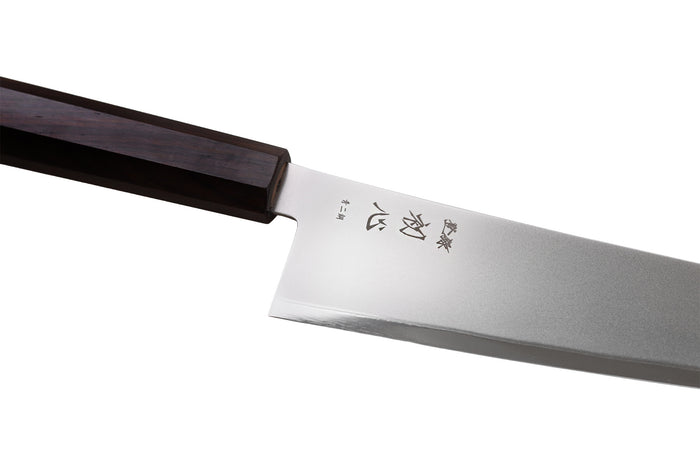 Couteau de chef gyuto 24cm japonais artisanal Hatsukokoro Kaijin BS2 ébène