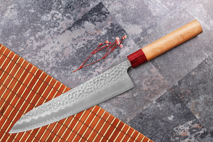 Couteau de chef japonais artisanal Tsunehisa Aogami Super martelé 24cm