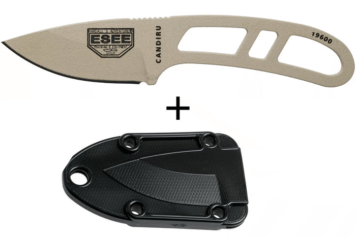 Couteau de cou Esee Candiru CAN-DT-E lame acier carbone 5,1cm manche ajouré en acier désert + étui