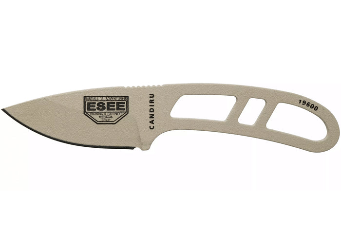 Couteau de cou Esee Candiru CAN-DT-E lame acier carbone 5,1cm manche ajouré en acier désert + étui
