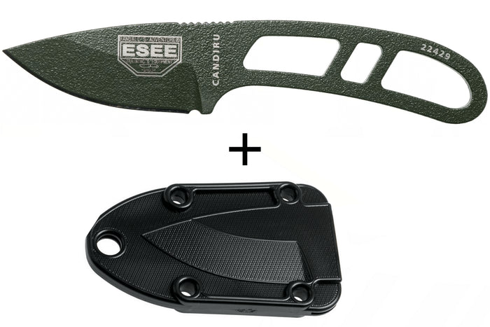 Couteau de cou Esee Candiru CAN-OD lame acier carbone 5,1cm manche en acier vert + étui