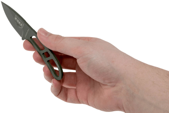 Couteau de cou Esee Candiru CAN-OD lame acier carbone 5,1cm manche en acier vert + étui