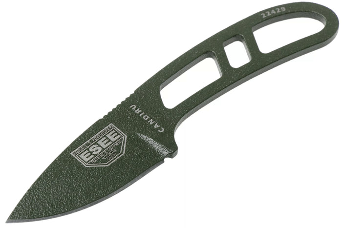 Couteau de cou Esee Candiru CAN-OD lame acier carbone 5,1cm manche en acier vert + étui