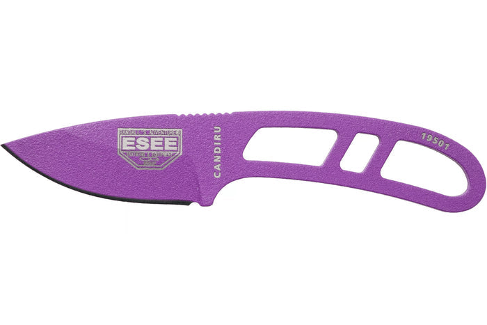 Couteau de cou Esee Candiru CAN-PURP-E lame acier carbone 5,1cm manche ajouré acier violet + étui