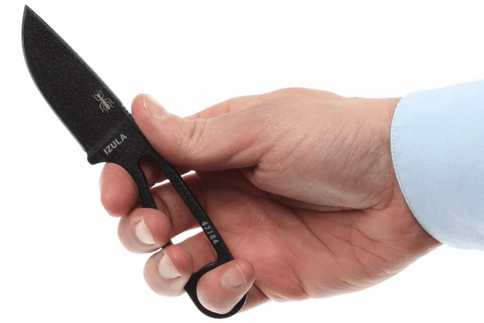 Couteau de cou Esee Izula IZULA-B lame acier carbone 6,2cm manche ajouré acier noir + étui