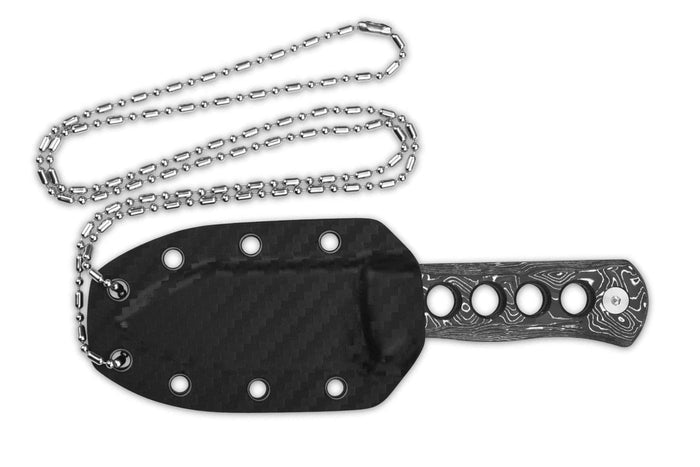 Couteau de cou QSP Canary 141E lame damassée 6,3cm manche ajouré en aluminium + étui Kydex
