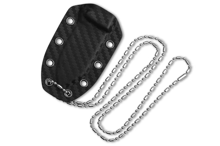 Couteau de cou QSP Canary 141E lame damassée 6,3cm manche ajouré en aluminium + étui Kydex