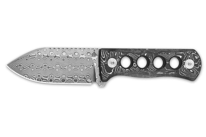 Couteau de cou QSP Canary 141E lame damassée 6,3cm manche ajouré en aluminium + étui Kydex