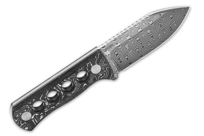 Couteau de cou QSP Canary 141E lame damassée 6,3cm manche ajouré en aluminium + étui Kydex