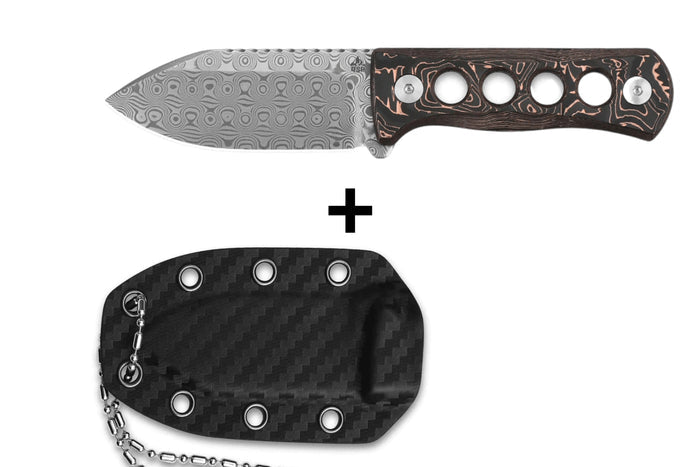 Couteau de cou QSP Canary 141F lame damassée 6,3cm manche ajouré en carbone et cuivre + étui Kydex