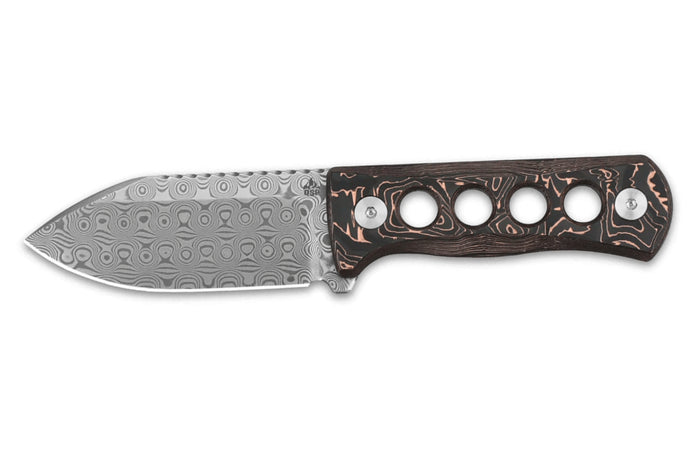 Couteau de cou QSP Canary 141F lame damassée 6,3cm manche ajouré en carbone et cuivre + étui Kydex