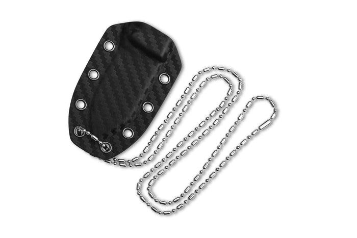Couteau de cou QSP Canary 141F lame damassée 6,3cm manche ajouré en carbone et cuivre + étui Kydex