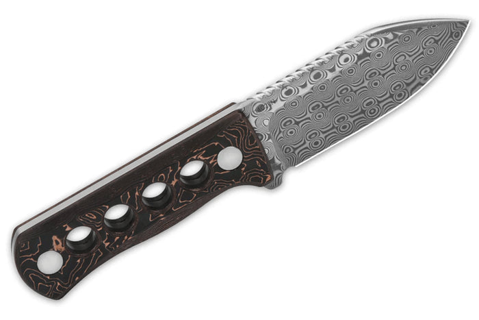 Couteau de cou QSP Canary 141F lame damassée 6,3cm manche ajouré en carbone et cuivre + étui Kydex