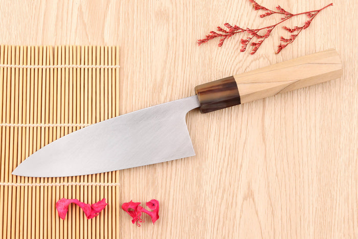 Couteau deba 15cm japonais artisanal Nakamura Kaishin Saku WS2 en magnolia