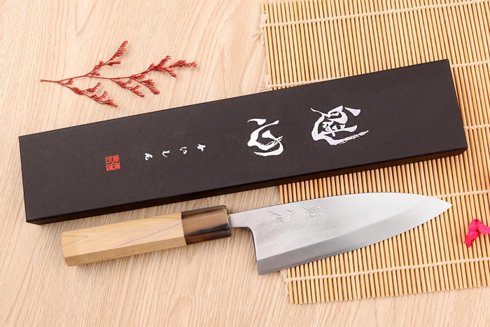 Couteau deba 15cm japonais artisanal Nakamura Kaishin Saku WS2 en magnolia