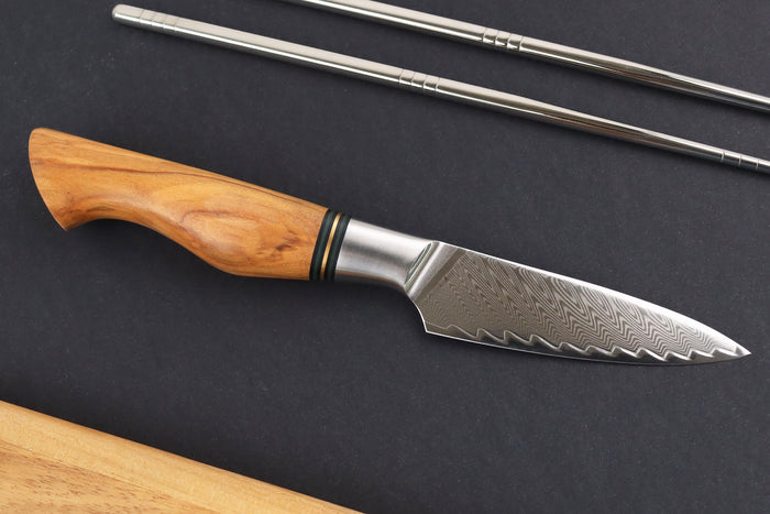Couteau d'office 9,5cm Ryda Knives ST650 Damas et manche en olivier