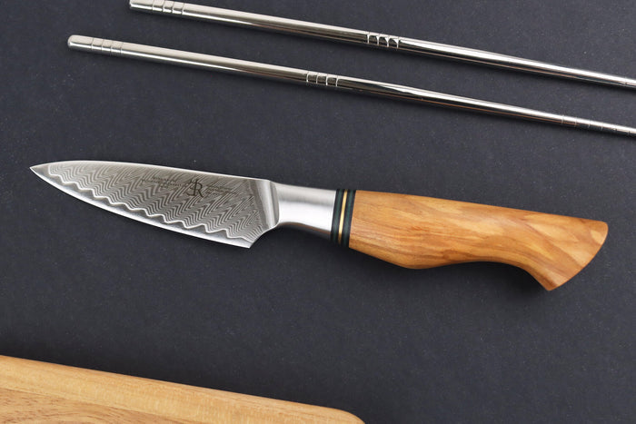 Couteau d'office 9,5cm Ryda Knives ST650 Damas et manche en olivier
