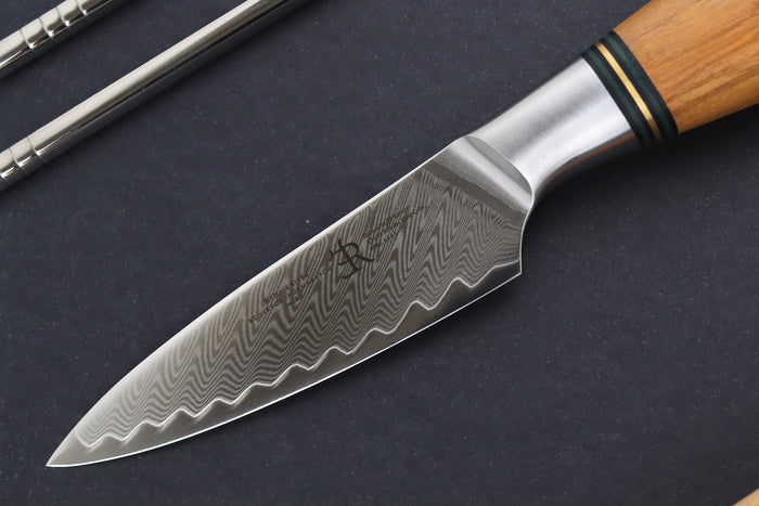 Couteau d'office 9,5cm Ryda Knives ST650 Damas et manche en olivier